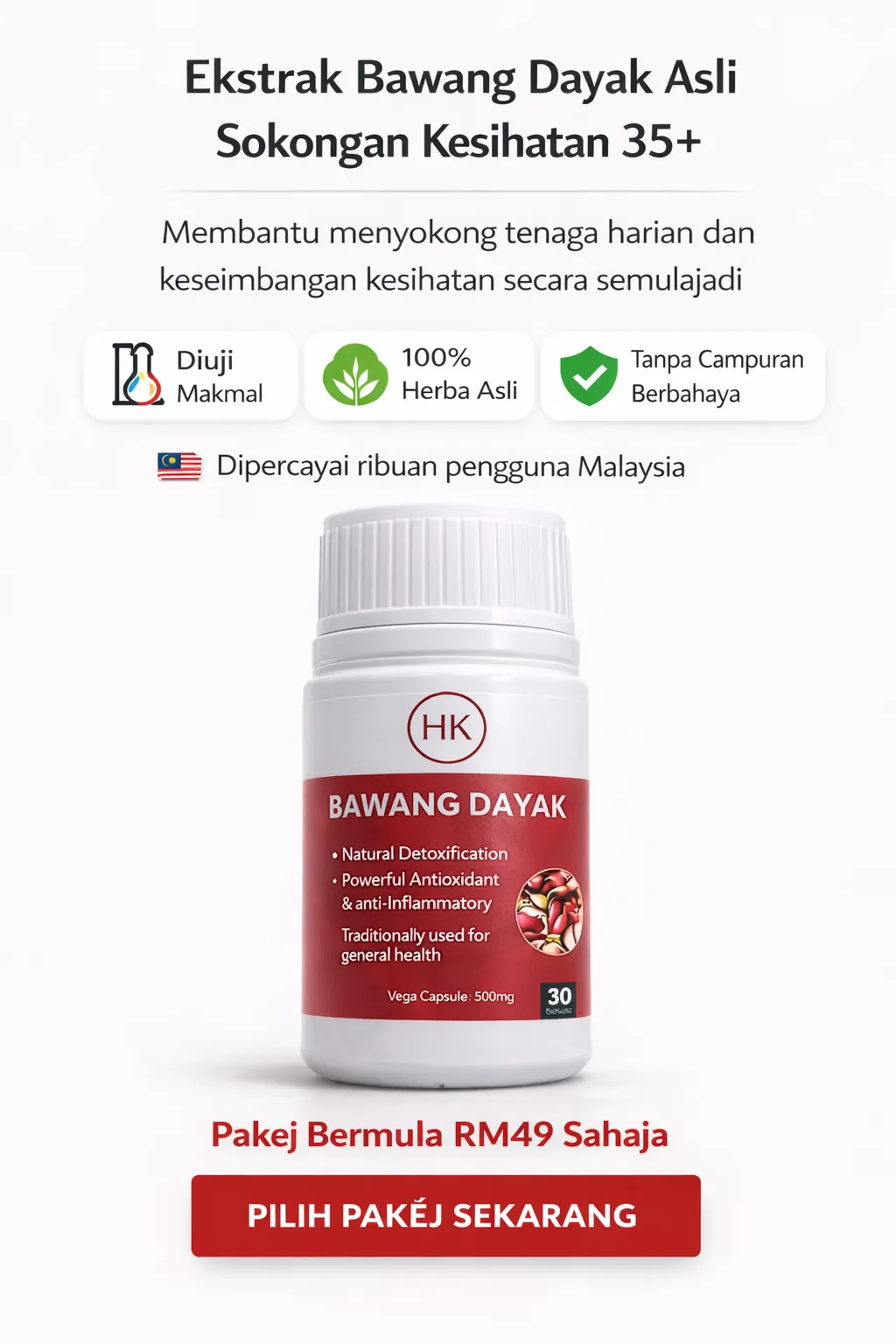 Ekstrak Bawang Dayak Asli HK untuk sokongan kesihatan dalaman dewasa 35+